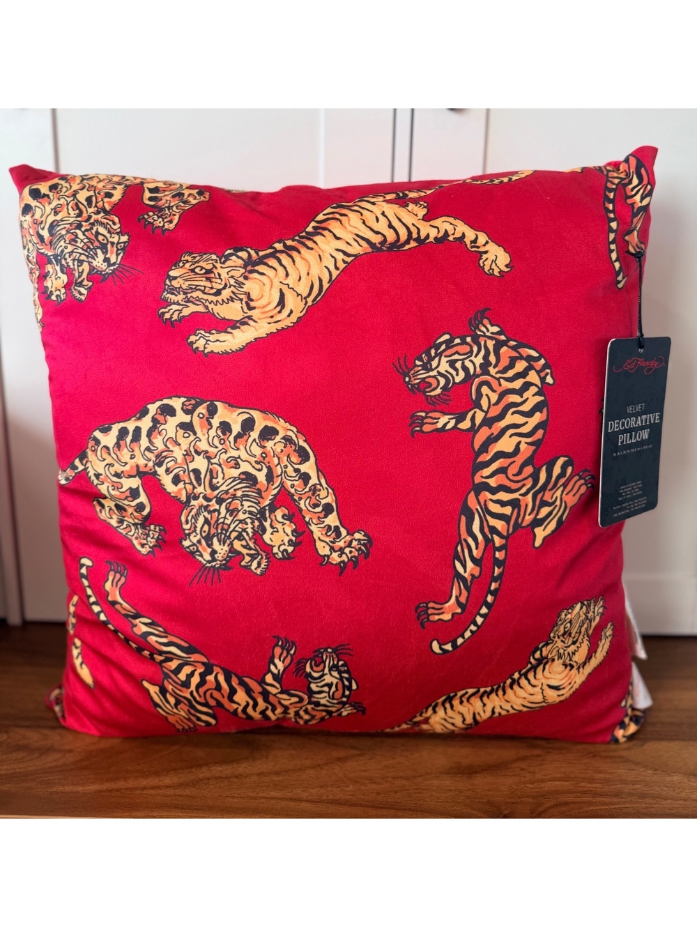 Ed Hardy Red Tiger Velvet Decorative Throw Pillow 20x20 NWT